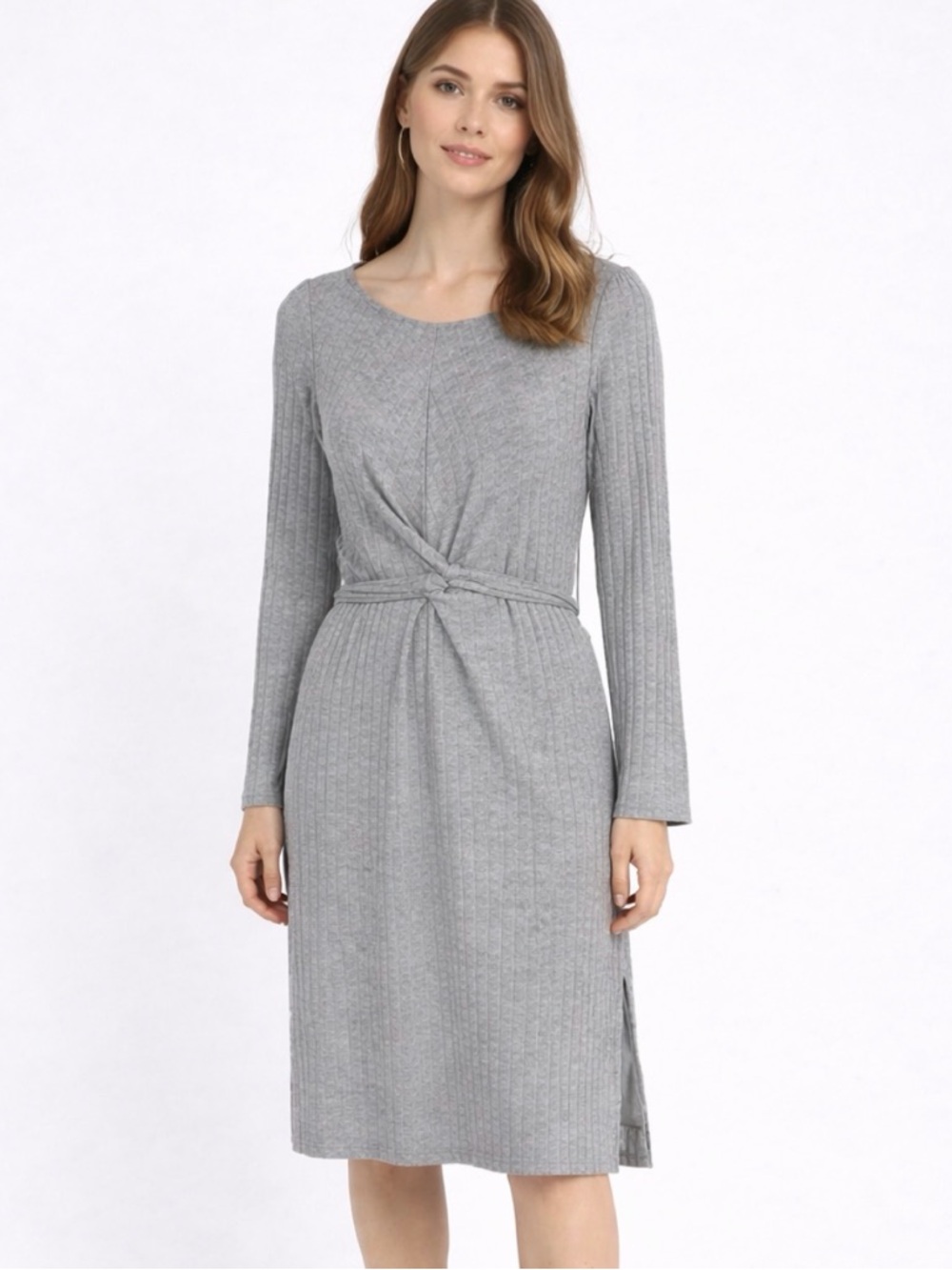 Julia Jordan Gray Criss Cross Tie Front Ribbed Knit Midi Dress Sweater 8 NWT